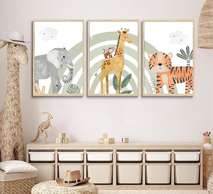 3Pcs Safari Animals Canvas Wall Art elephant tiger giraffe Posters Prints Bohemian Rainbow elements Paintings Pictures wall decor for Nursery Baby Bedroom Decorations Unframed