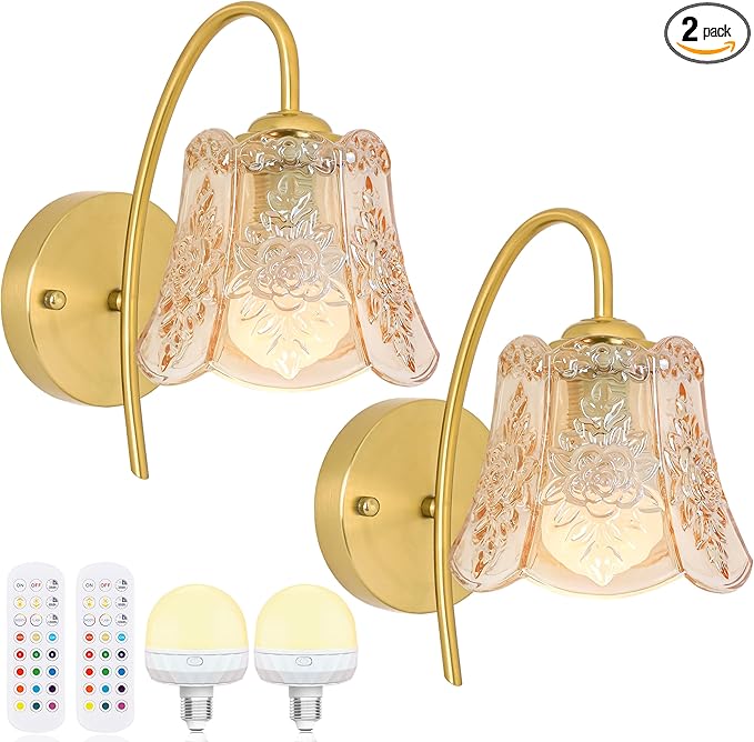 Battery Operated Wall Sconce with Remote Control,Vintage Wall Sconce with Amber Rose Texture,Rechargeable Battery Wall lamp Wall Lights with 15 Colors for Bedroom Living Room Doorway,Set of 2