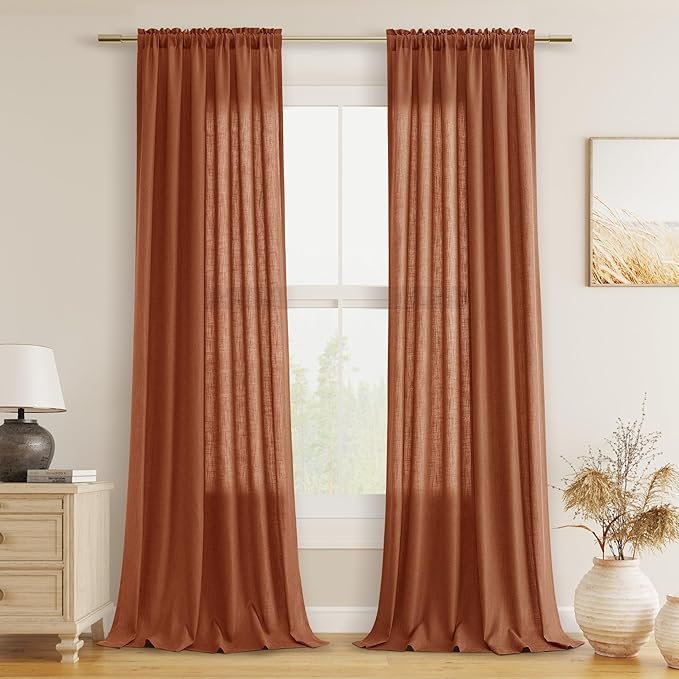 Guken Terracotta Linen Curtains 96 Inch Length for Living Room Bedroom 2 Panels Set Rod Pocket Light Filtering Semi Sheer Window Curtains 52 Inch Width Boho Farmhouse Linen Drapes, W52xL96