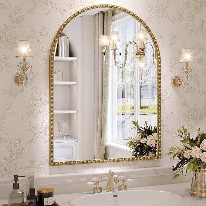 Arched Mirror for Bathroom, 40"x30" Gold Arch Bathroom Vanity Mirror, Metal Floral Frame Decorative Arch Wall Mirror, Antique Gold Arched Mirror for Washroom, Bedroom, Entryway, Living Room