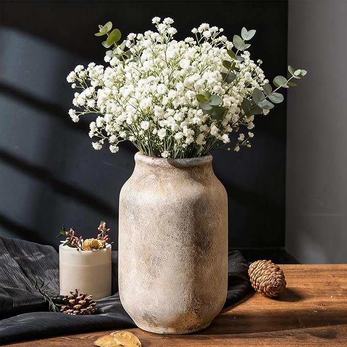 Rustic Ceramic Farmhouse Flower Large Vase, Whitewashed Terra Cotta Vase, Pottery Decorative Flower for Home Decor, Table, Living Room Decoration, Shelf Decor, Mantel, 9.5 Inch, Terra