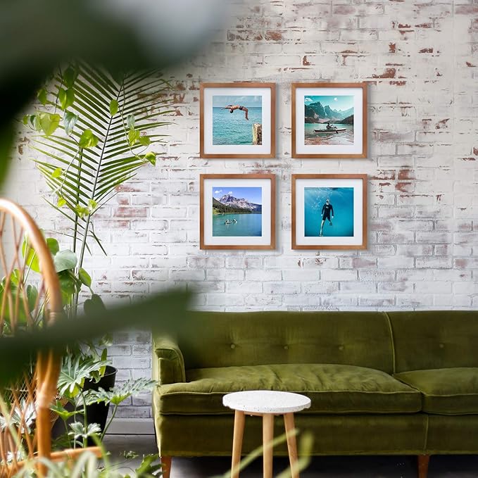 Egofine 11x11 Picture Frames 4 Pack Covered by Plexiglass, Display Pictures 8x8 with Mat or 11x11 Without Mat Made of Solid Wood for Table Top Display and Wall Mounting Photo Frame, Light Brown