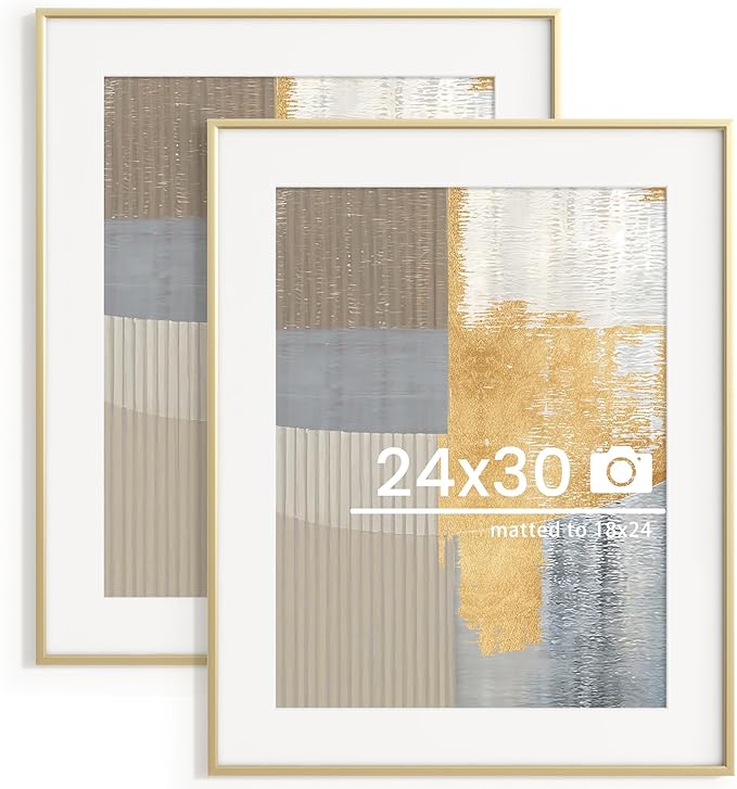 24x30 inch Metal Poster Frame - 24 x 30 Thin Aluminum Picture Frames Matted for 18x24 Photos, Artworks, Prints, Puzzle - High Definition Plexiglass - Vertical and Horizontal Display - Wall Hook Hanging Hardware Included - Gold, 2 Pack