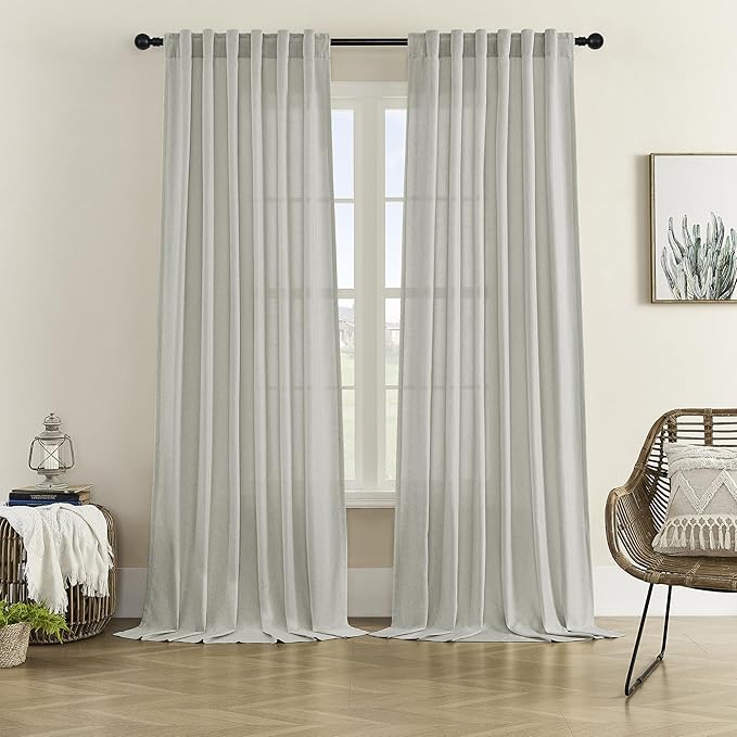 DONREN Light Grey Curtains 84 Inch Length for Living Room 2 Panel Back Tab Rod Pocket Drape Light Filtering Semi Sheer Linen Textured Curtain for Bedroom Modern Farmhouse Decor 50x84 Long