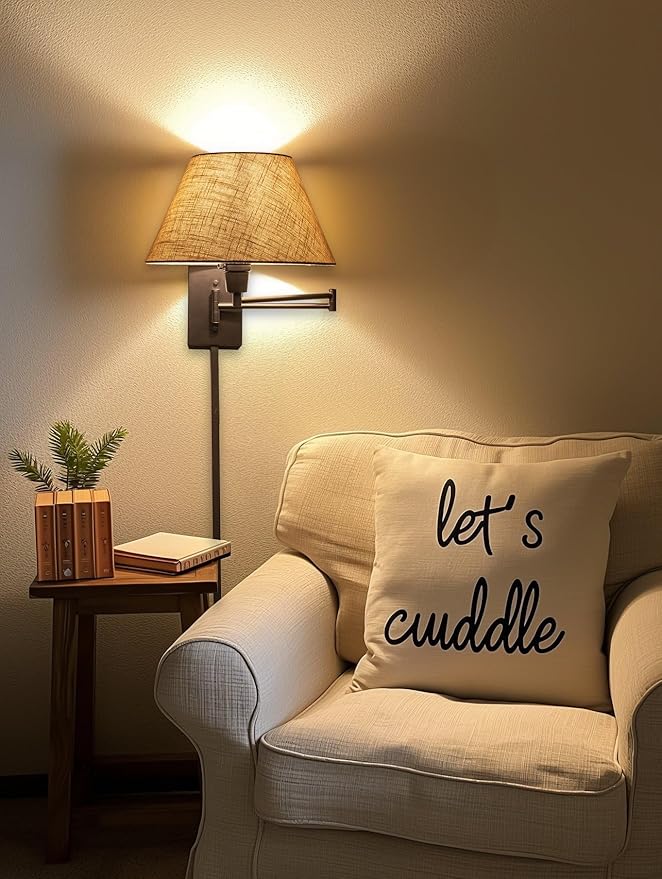 Kira Home Cambridge 15" Swing Arm Wall Lamp - Plug in/Wall Mount + Latte Mocha Fabric Shade, 150W 3-Way + Cord Covers, Black Finish, 2-Pack