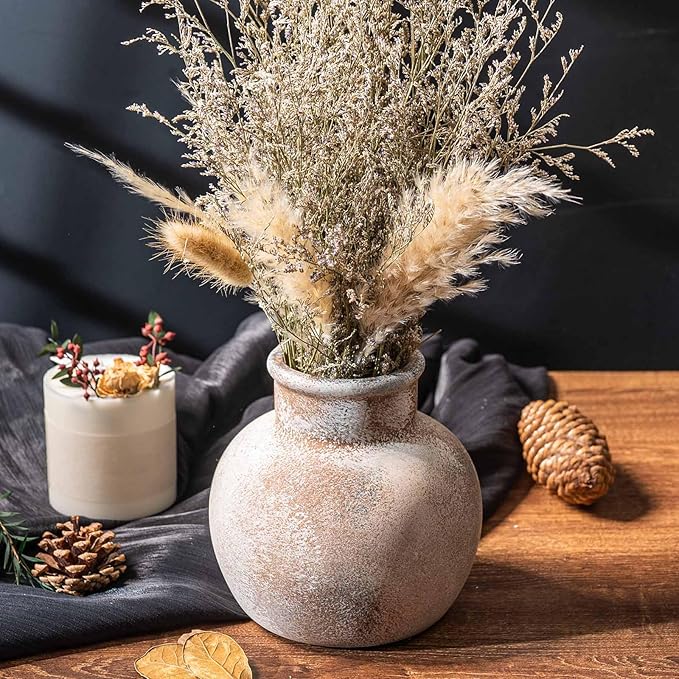 Ceramic Rustic Farmhouse Vase | 6 Inch Pottery Decorative Flower for Home Decor | Boho Vase | Terracotta for Table, Living Room, Bathroom Decoration, Shelf Decor, Mantel, Terra