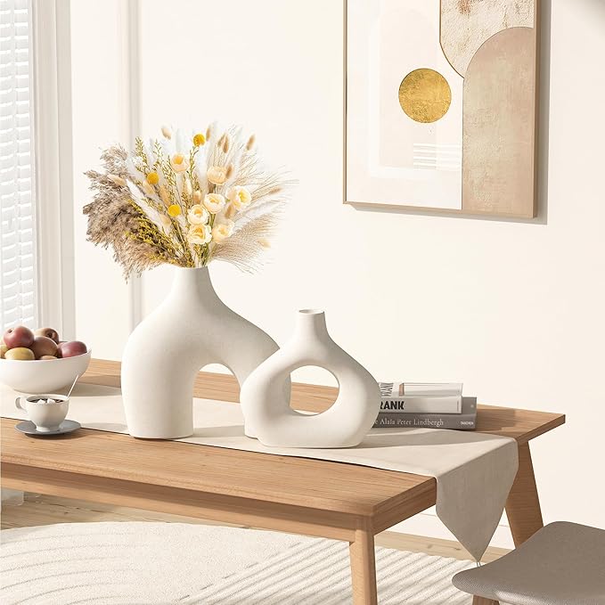 White Ceramic Vase Set of 2, Pampas Grass Vases for Home Decor, Round Matte Boho Vases for Flowers, Nordic Minimalism Style vase for Living Room Bedroom Shelf Decor