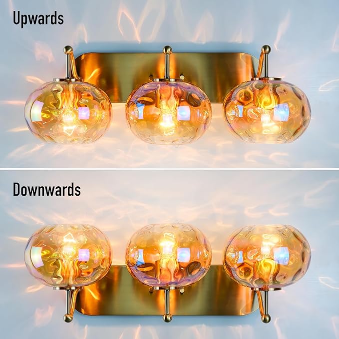 23" Brushed Gold Vanity Light Stained Amber Hammered Glass Wall Sconce 3-Light Brass Wall Lamp for Hallway Living Room Stairwell Bathroom Over Mirror