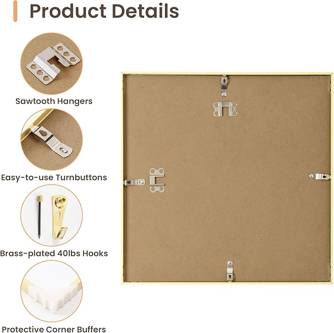 12x12 Metal Picture Frame Golden, 12x12 Durable Thin Aluminum Photo Frames with Removable Mat for 8x8 Photo, Wall Hanging Metal Poster Frame with High Definition Plexiglass, Set of 1