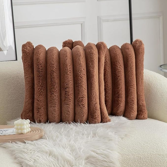 Neelvin Brown Faux Fur Cozy Soft Stripe Decorative Throw Pillow Covers 22x22 inch Set of 2,Velvet Pillowcase Cushion Case for Sofa Couch