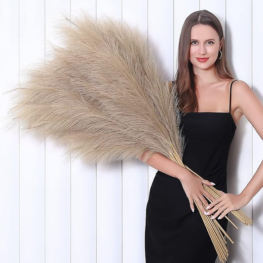 8 Pcs 45 inch Tall Faux Pampas Grass Decor, Large Artificial Brown Pompous Grass Bulk, Long Fake Pompas for Floor Vase Filler, Wedding, Baby Shower, Home and Boho Decor (Brown)