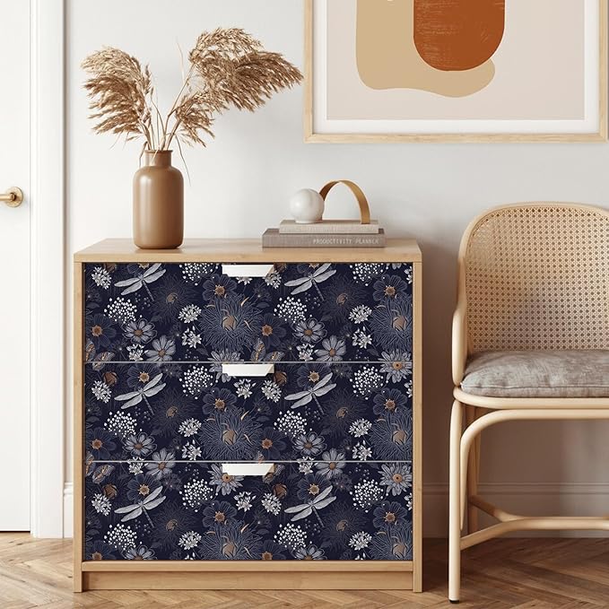Navy Blue/Gold Floral Peel and Stick Wallpaper With Wildflowers, Butterflies and Dragonflies - Self Adhesive Vintage Contact Paper, Removable Decorative Vinyl, Easy Peel Off - 17.71" X 118.1"
