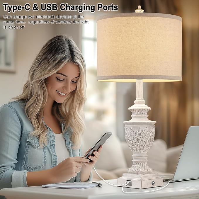 Farmhouse 3-Way Dimmable Touch Table Lamp Set of 2 for Bedroom Living Room with USB A+C Charging Ports 28" Tall Rustic Traditional Nightstand Bedside Lamps White End Table Lamp (2 Bulbs Included)