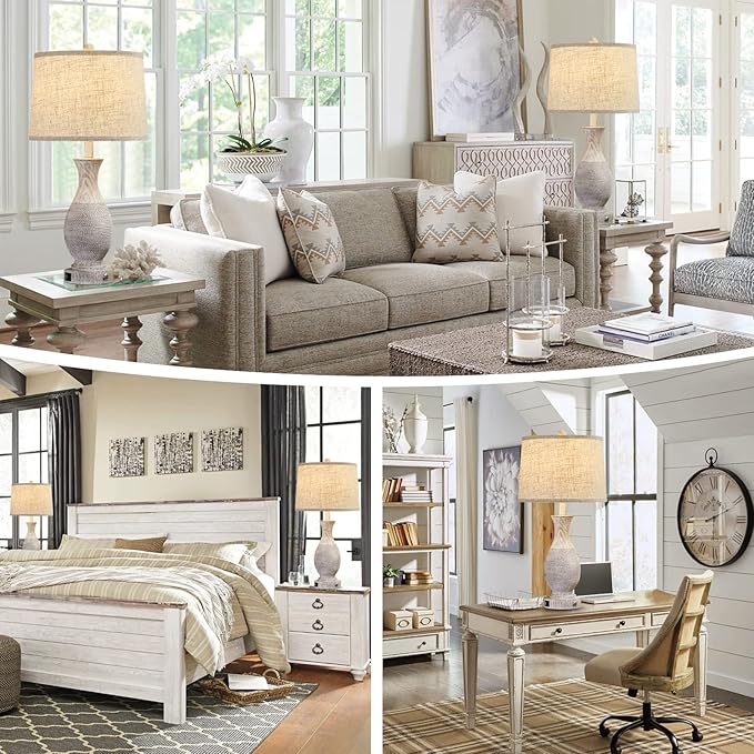 28" Farmhouse Table Lamp for Living Room, Rustic Touch Bedside Table Lamps Set of 2 with USB Charging Ports,3-Way Dimmable Nightstand Lamps for Bedroom,Oatmeal Linen Lampshade,LED Bulbs Included