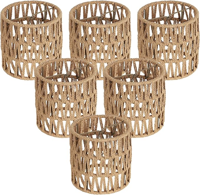 5.0 x 5.0in Chandelier Shades Set of 6, Small Rattan Lamp Shades Clip on Bulb, Boho Lamp Shades Replacement, Mini Cylinder Woven Lampshade, Clip on Lamp Shade for Floor Lamp Pendant Light Wall Sconces