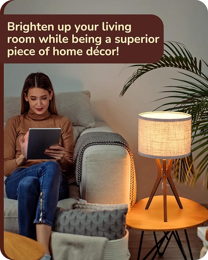 EDISHINE Mid Century Table Lamp, 17.5" Tripod Bedside Lamp with Deep Wood Color Light Base & Beige Linen Lampshade, Nightstand Lamp for Bedroom, Living Room, Reading Room, E26 Base