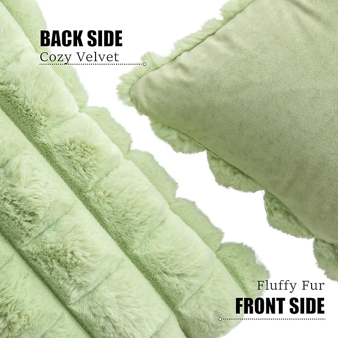 Neelvin Green Faux Fur Cozy Soft Plaid Decorative Throw Pillow Covers 24x24 inch Set of 2,Velvet Pillowcase Cushion Case for Sofa Couch
