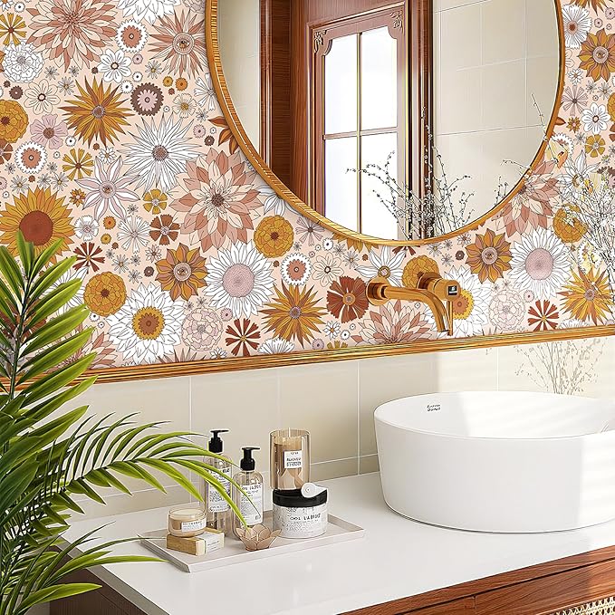 Livelynine 17.5x276 Retro Floral Peel and Stick Wallpaper Orange Pink Yellow Flower Mid Century Bathroom Wall Paper Waterproof Vintage Floral Contact Paper for Cabinets Self Adhesive Drawer Liner