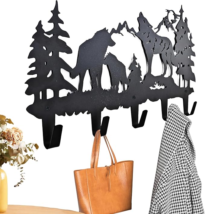 Metal Wolf Coat Hooks Wall Art Decor-Wolf Hangers and Key Holder-Clothes Rack and Backpack Hanger-Animal Theme Hooks Sweet Home Decor for Storage, Living Room, Hallway, Office (Black)