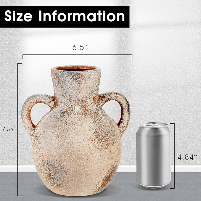 Rustic Ceramic Farmhouse Flower Vase with 2 Handles, Whitewashed Terra Cotta Vase, Decorative Pottery Flower for Home Decor, Table, Living Room, Shelf Decor, 7.3 Inch, Terra