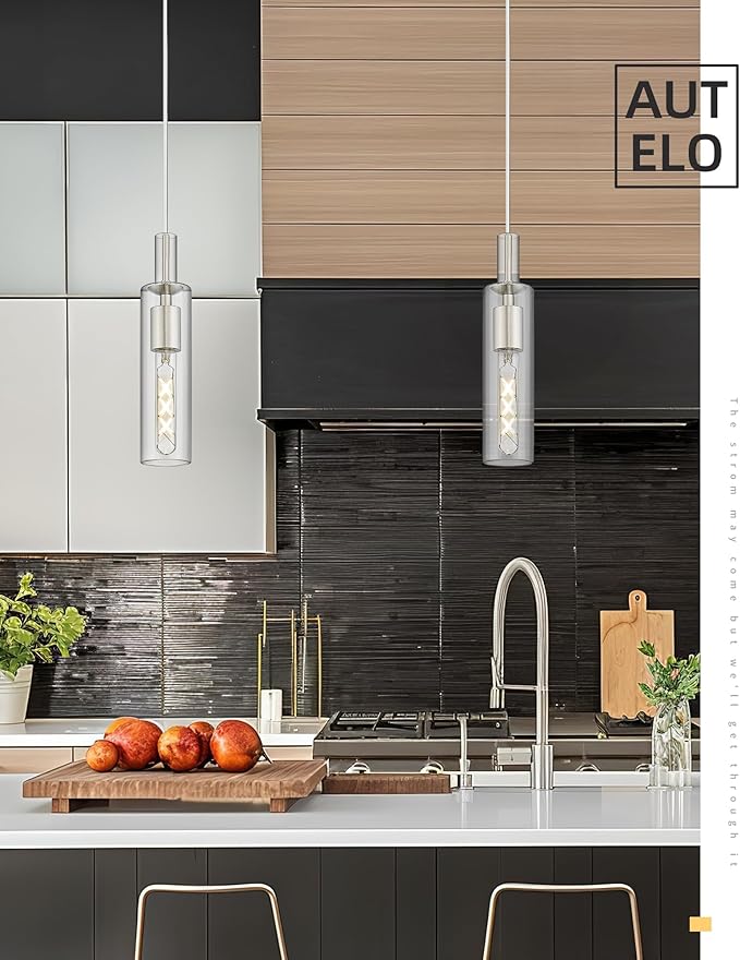 AUTELO 2 Pack Pendant Lights Kitchen Island, Brushed Nickel Hanging Lamp, Modern Cylinder Glass Pendant Lights, Hanging Light for Kitchen Island Dining Room Bathroom, H3875 ST-2PK