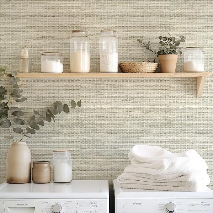 Simon&Siff Cream Textured Grasscloth Peel and Stick Wallpaper 17.7"x118" Neutral Faux Grassweave Waterproof Self Adhesive Removable Fabric Wallpaper Wall Mural for Bedroom Kitchen Cabinet