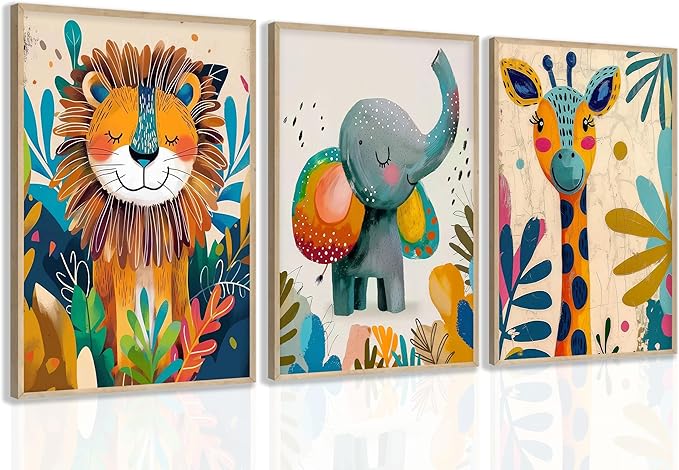 3Pcs Safari Animal Nursery Canvas Wall Art Cute Watercolor Elephant Giraffe Lion Pictures Wall Decor Colorful Jungle Animals Posters Painting Prints for Kids Room Baby Boys and Girls Room, Unframed