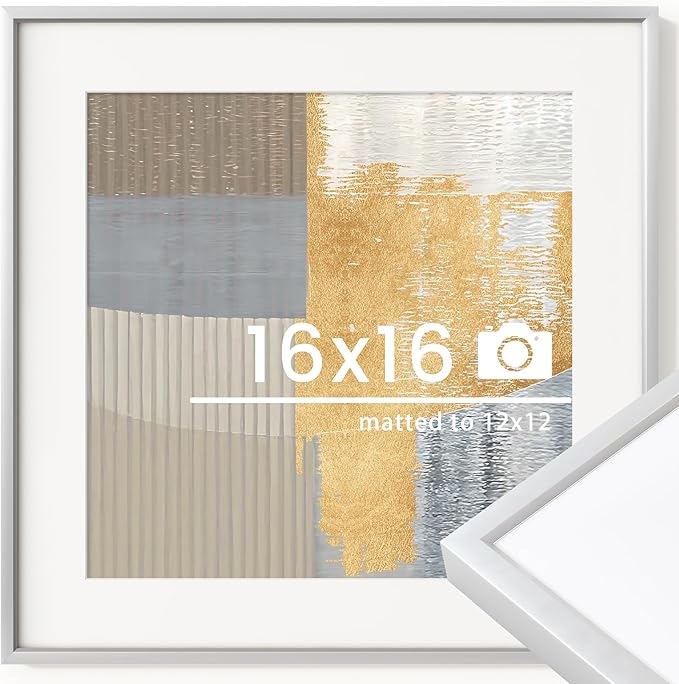 16x16 inch Metal Picture Frame - Thin Aluminum Square Photo Frames with 12x12 Removable Mat - High Definition Plexiglass - Vertical and Horizontal Display - Wall Hook Hanging Hardware Included - Silver, Set of 1