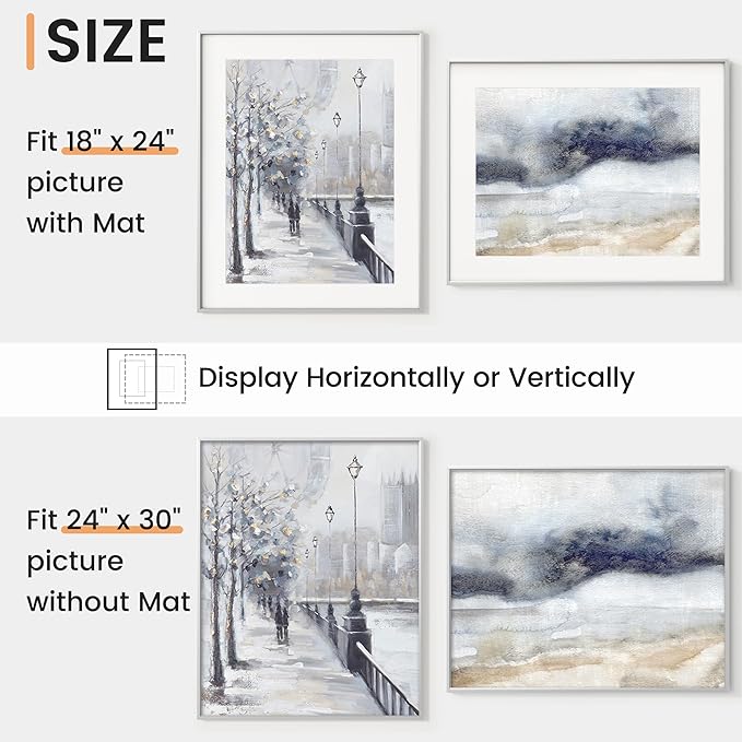 24x30 inch Metal Poster Frame - 24 x 30 Thin Aluminum Picture Frames Matted for 18x24 Photos, Artworks, Prints, Puzzle - High Definition Plexiglass - Vertical and Horizontal Display - Wall Hook Hanging Hardware Included - Silver, 2 Pack