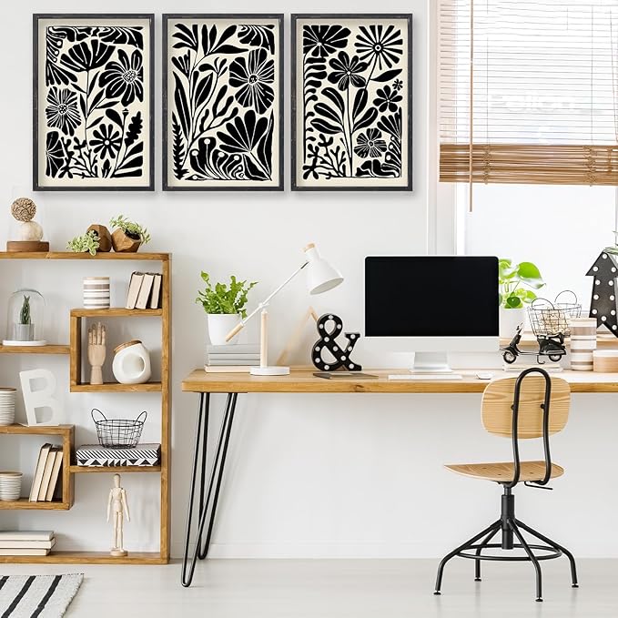 Abstract Floral Botanical Boho Wall Art 16x11 Inch Set of 3 Black and White Minimalist Botanical Pictures Prints for Bedroom Modern Home Living Room Scandinavian Style Wall Hanging Decor (Black)