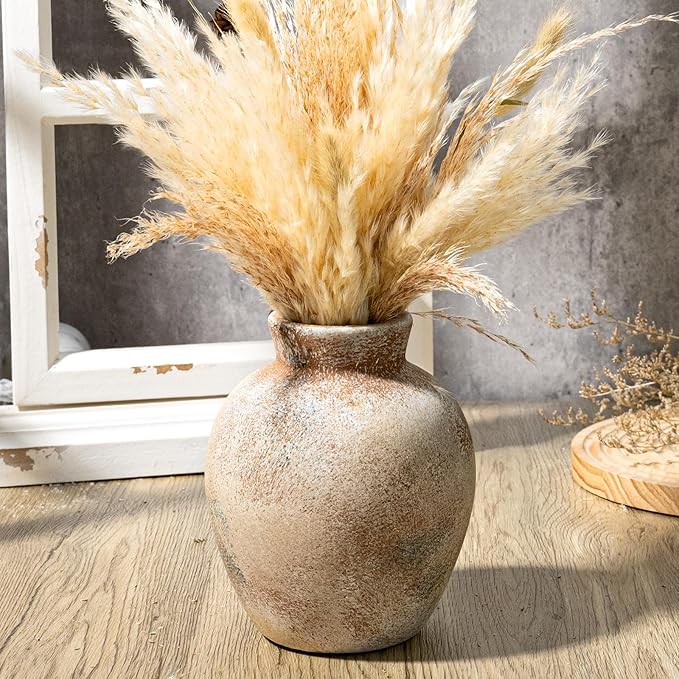 Ceramic Decorative Flower Vase | 6 Inch Pottery Rustic Farmhouse | Boho | Whitewashed Terracotta Vase for Home Decor, Table, Living Room, Bathroom, Shelf, Mantel Decoration, Terra