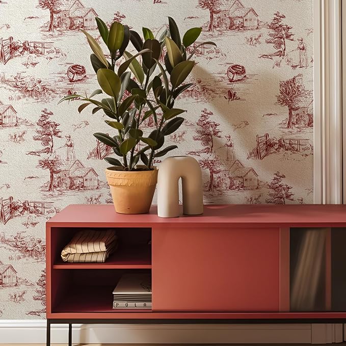 QUCHENG Chinoiserie Style Wallpaper Monochrome Wall Decor Toile de Jouy Landscape Dresser Decal Removabal Self Adhesive Sticker Peel and Stick Furniture Stickers Vintage Cabinet Decoration