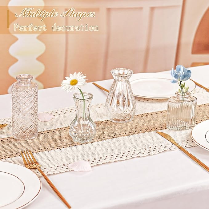 Set of 4 Glass Bud Vase Set, Small Vintage Clear Flower Vase Centerpieces for Table Bulk Cute Rustic Style Mini Vase for Home Decor Wedding Baby Shower Birthday Party