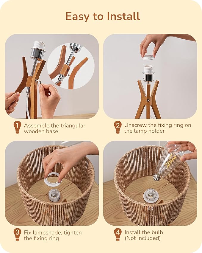 EDISHINE 17.5" Rattan Table Lamp, Wood Bedside Lamp with Handmade Paper Rope Woven Lampshade, Nightstand Lamp for Living Room, Bedroom, E26 Base, ON-Off Switch