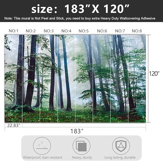 -Green Forest Landscapes Woodland Tree Fabric Wallpaper Living Room Bedroom Bathroom Jungle Wall Mural- 183"x120"（ not Peel and Stick）