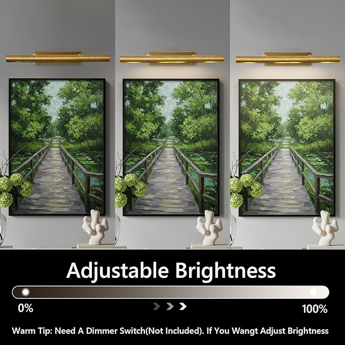 Brass Picture Light for Wall Gold Wall Sconces for Gallery 24" Linear Picture Light Hardwired, 3-Light Gold Art Light, Dimmable Lamp, 270° Picture Frame Light for Bedroom, Living Room, Hallway