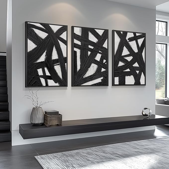 Framed Black and White Abstract Wall Art for Living Room, 3 Piece Modern Canvas Prints Artwork for Walls, Large Minimalist Lines Paintings for Bedroom, Kitchen, Office, Hallway Wall Decor, 24x36 Inch