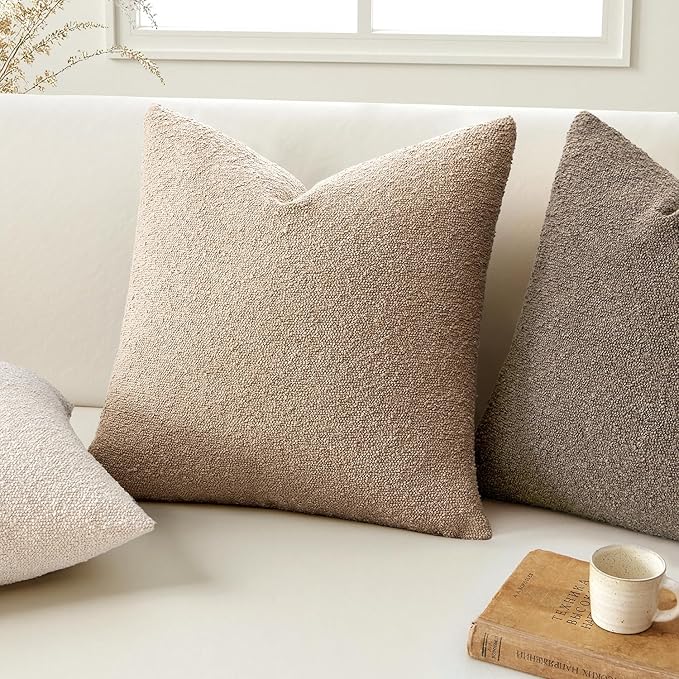 ANRODUO Pack of 2 Textured Boucle Throw Pillow Covers Soft Camel Decorative Accent Solid Pillow Cases Cozy Modern Couch Cushion Case for Chair Sofa Bedroom Living Room Home Decor, 18 x 18 Inch