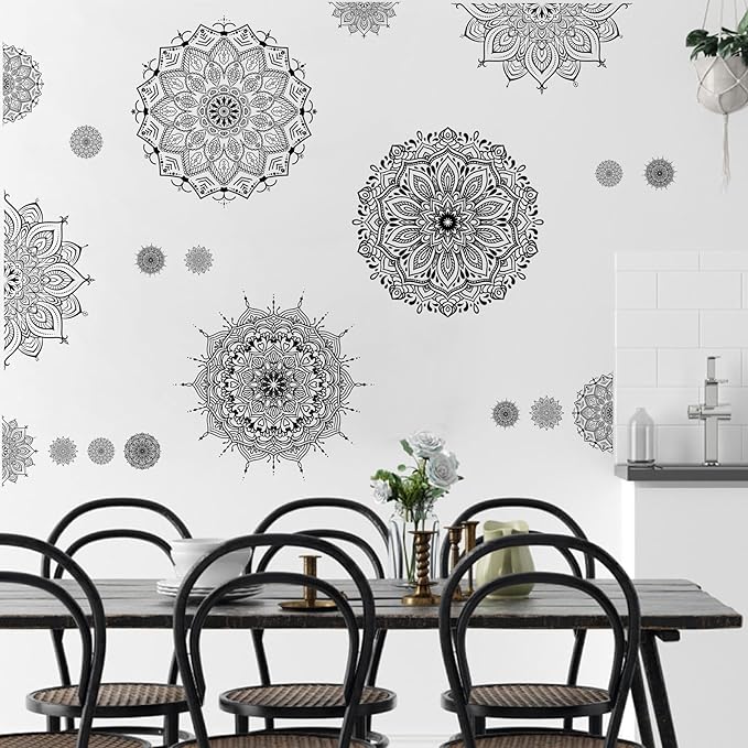 Large Mandala Wall Sticker Peel and Stick Boho Lotus Wall Decor Stickers Mandala Floral Flower Window Cling Decals Black Mandala Wall Art Decal for Bedroom Living Room Headboard Yoga Decoration