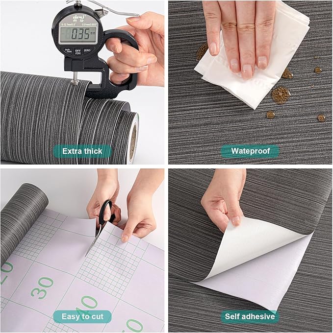 Black Grasscloth Wallpaper Peel and Stick Fabric Linen Textured 24"x394" Classic Faux Grassweave Upgraded Thick Self-Adhesive Neutral Contact Paper Vinyl Film Liner Roll for Home Use