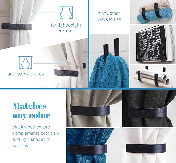 Wood Curtain Holdbacks - Set of 2 Black Modern Farmhouse Holdback for Drapes, Hooks for Walls, Curtains Tiebacks Wall Mount, Wooden Curtain Pullbacks Hook, Drapery Holders, Home Decor