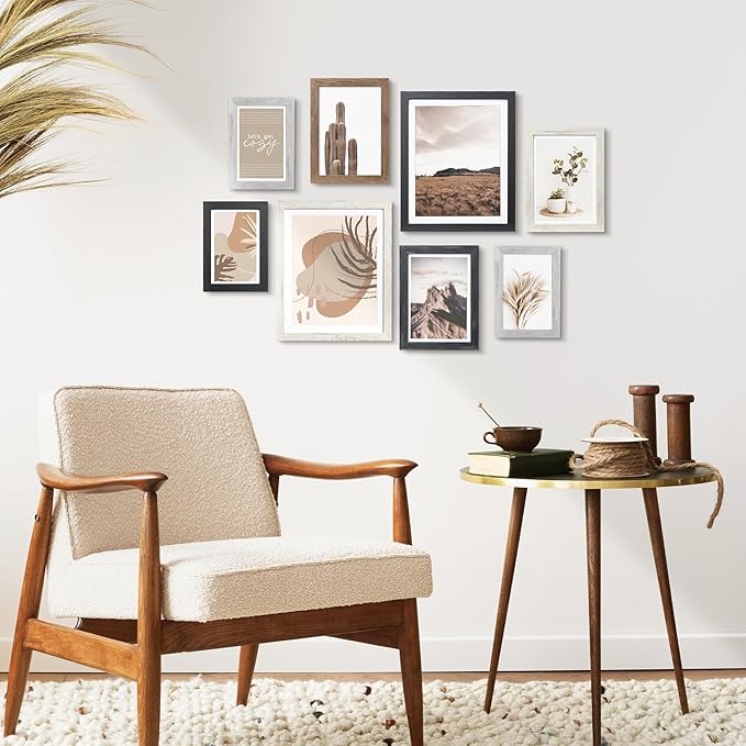ArtbyHannah Gallery Wall Frame Set,Vintage Multi-color Picture Frames Collage Wall Decor with Neutural Art for Living Room Stariway,8 Pack Assorted Size 8"x10",5"x7",4"x6", Small