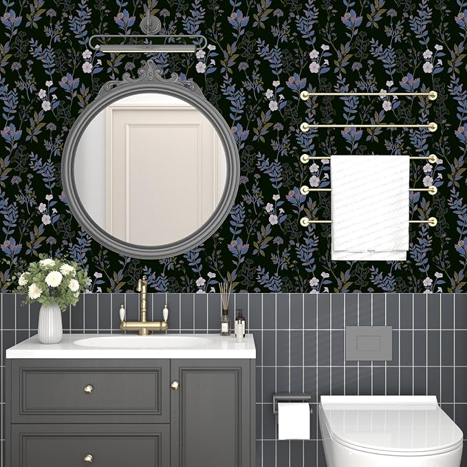 Black Blue Floral Wallpaper Peel and Stick Boho Blue Purple Leaf Contact Paper 17.4" X 118" Vintage Wallpaper Waterproof Self-Adhesive Dark Wall Covering for Bedroom Countertop Desk Cabinets
