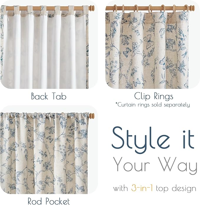 Lazzzy Blue Floral Curtains 84 Inch Length Lined Linen Farmhouse Back Tab Drapes for Living Room Bedroom Light Filtering Vintage Rod Pocket, 2 Panels, Blue on Beige