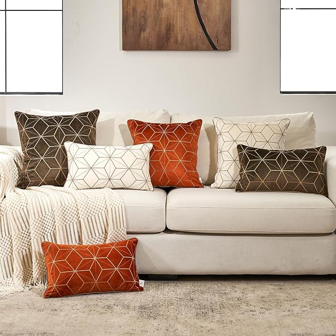 Aeckself 16 x 16 Inch Orange Gold Plaid Geometric Stripes Embroidery Velvet Cushion Case Luxury Modern Square Throw Pillow Cover Pillowcase for Couch Living Room Bedroom Car 40 x 40cm