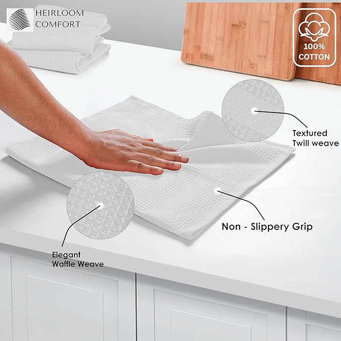 3 Pack White Waffle Weave Kitchen Towels, 100% Cotton, 16"x26", Super Absorbent, Quick Dry Dishcloth Set with Hanging Loop, Soft for Drying Dishes, Cleaning, Hand Towels, Durable