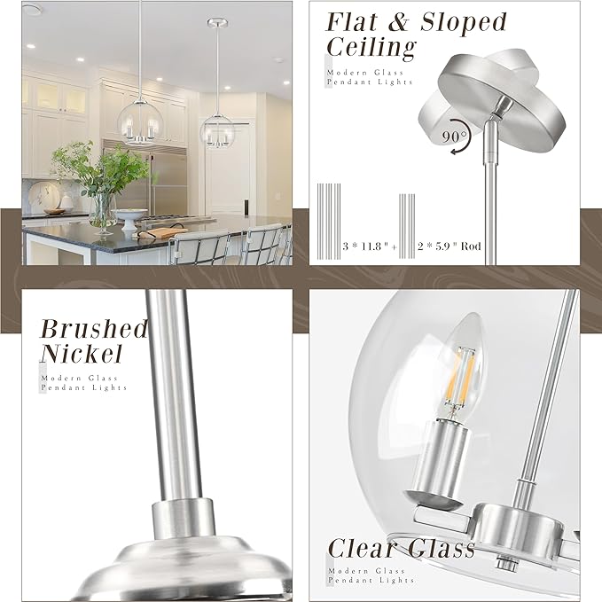 10" Globe Pendant Lights Kitchen Island Glass Globe Pendant Light Fixture Bedroom Mid Century Modern Pendant Lighting Nickel Pendant Light for Kitchen Island Dinning Room (Bulb Incl.)