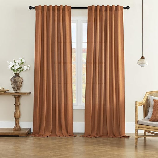 Desert Orange Curtains 96 Inch Length for Living Room 2 Panel Back Tab Rod Pocket Drape Light Filtering Semi Sheer Linen Textured Curtain for Bedroom Modern Farmhouse Decor 60x96 Long