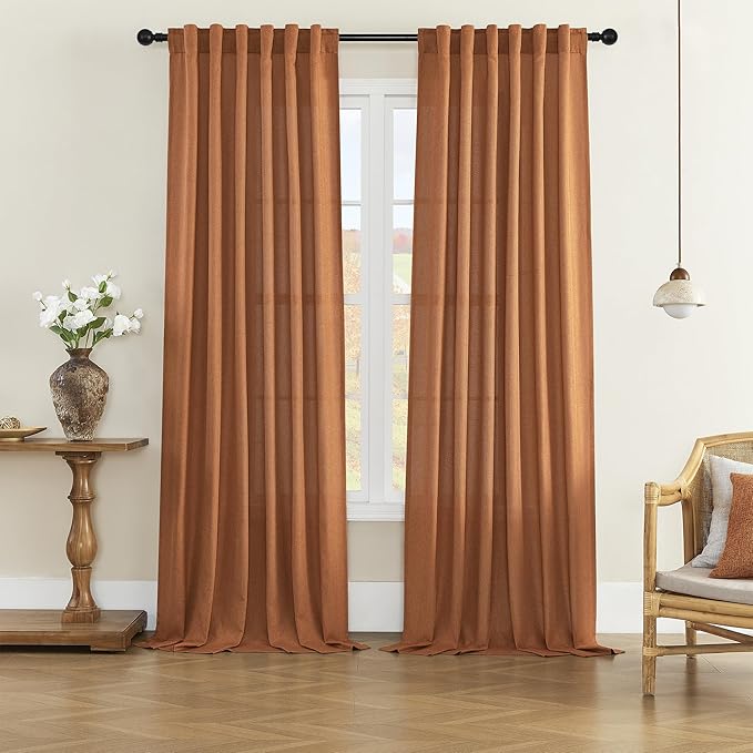 Natural Linen Curtains for Bedroom, Rod Pocket & Back Tab Flax Linen Burlap Semi Sheer Window Drapes Privacy with Light Filtering for Patio Door, W70 x L84, Desert Orange, 2 Pieces