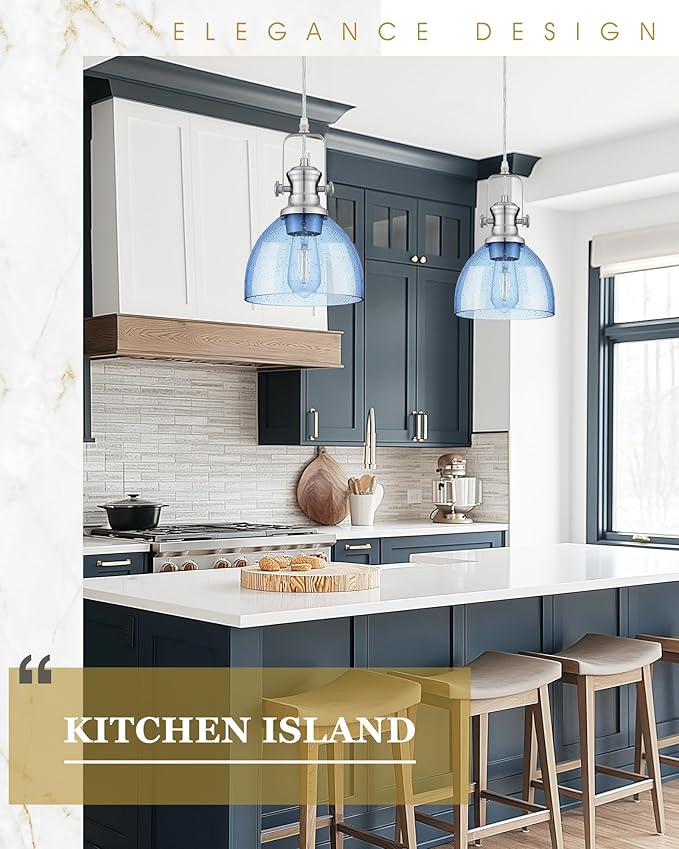 Pendant Lights Kitchen Island, 7.5" Farmhouse Pendant Lighting with Blue Seeded Glass Shade, Vintage Hanging Light Fixtures for Dining Room, Brushed Nickel Finish, AD-22151-1P-SN-BL